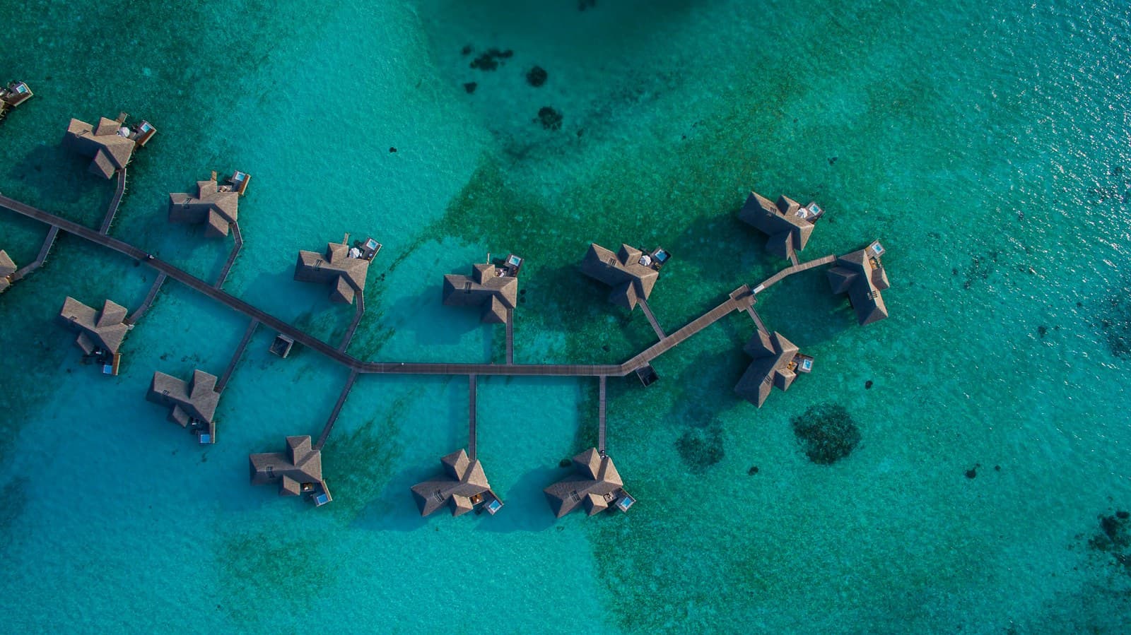 Overwater villas on a turquoise lagoon, seen from above