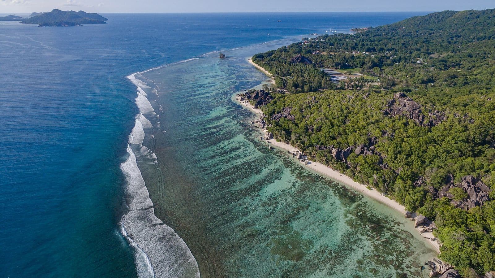 Aerial view of a winding Seychelles coastline