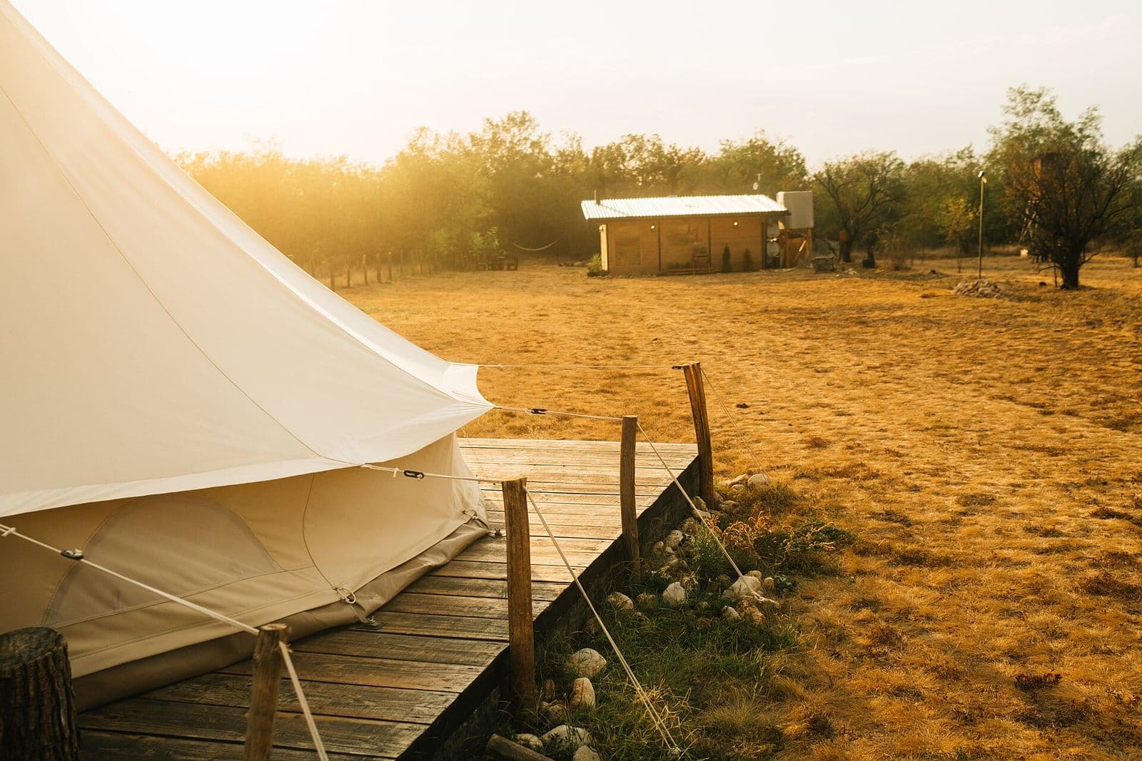 Safari lodge suite with a four-poster bed opening onto the bush
