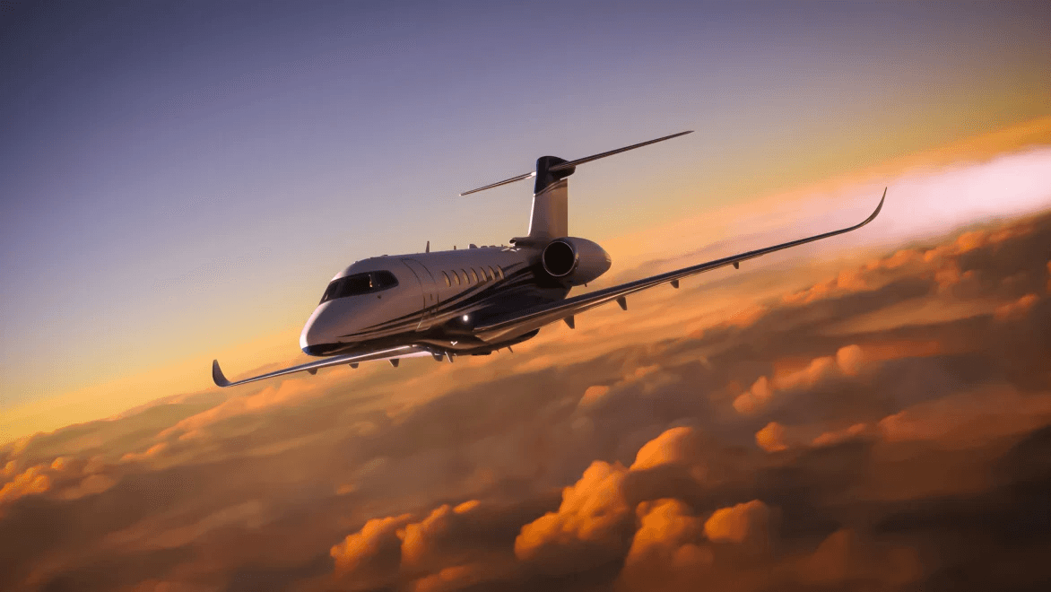Private jet climbing into a clear blue sky