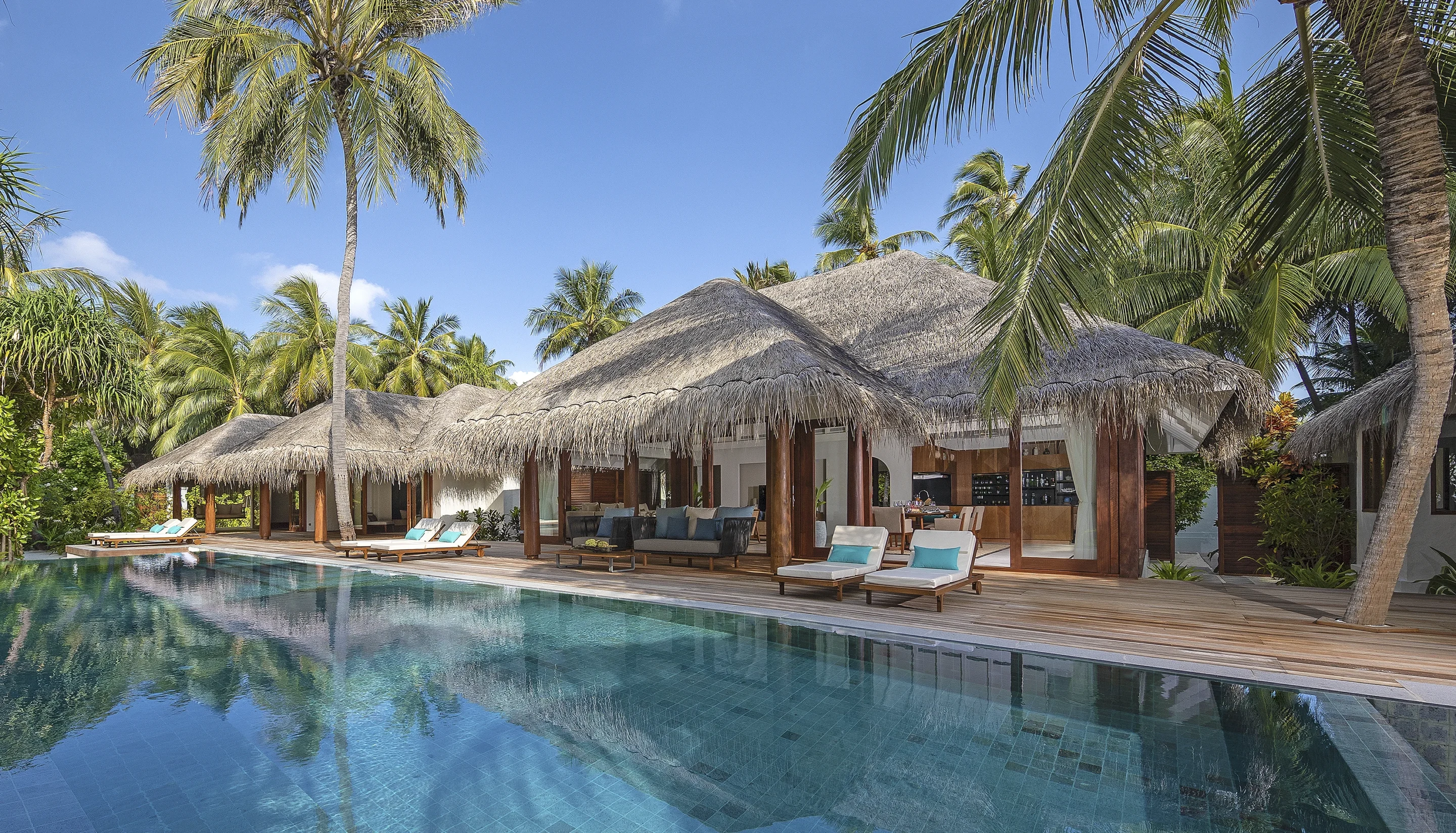Thatched beach villa with a private pool beneath palm trees