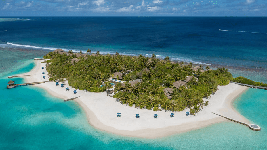 Small forested island ringed by white sand, seen from the air
