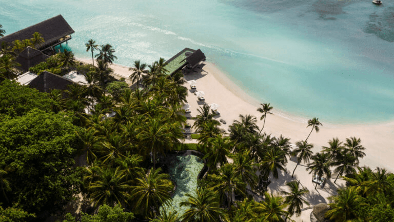 Palm-shaded beach villas along a white-sand shore, seen from above