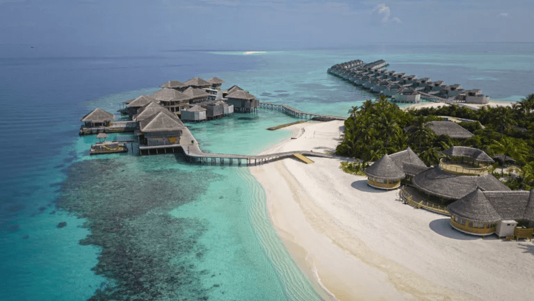 Thatched overwater villas beside a white-sand beach