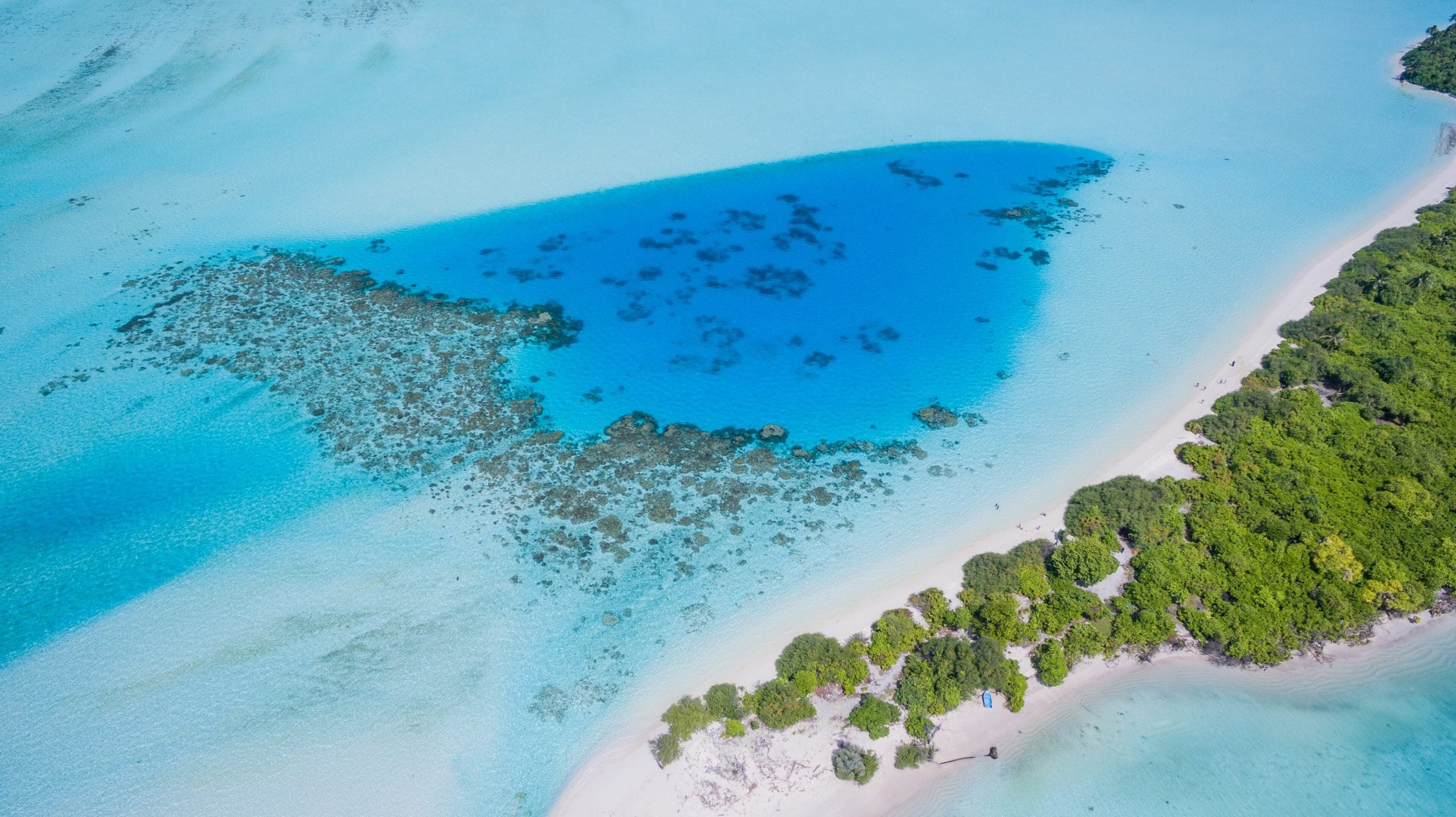 Aerial view of a Maldivian atoll ringed by a turquoise lagoon