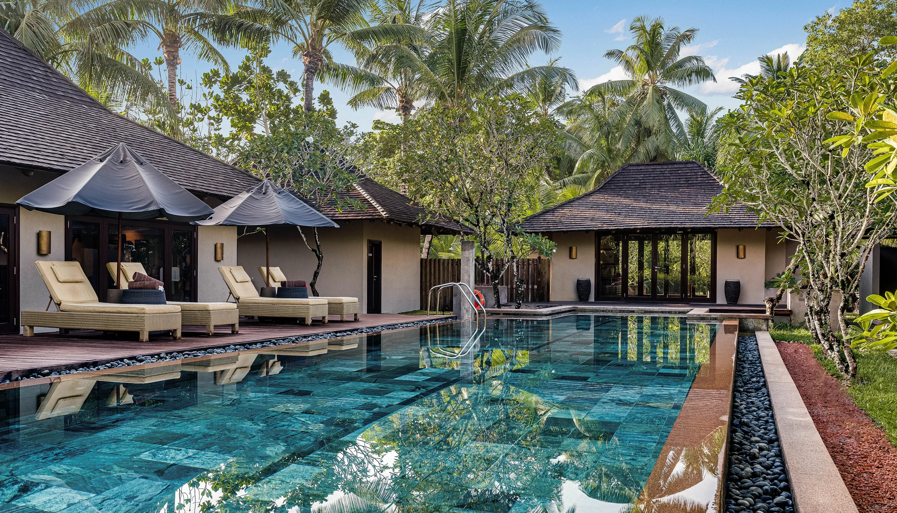 Villa pool and loungers beneath tropical trees