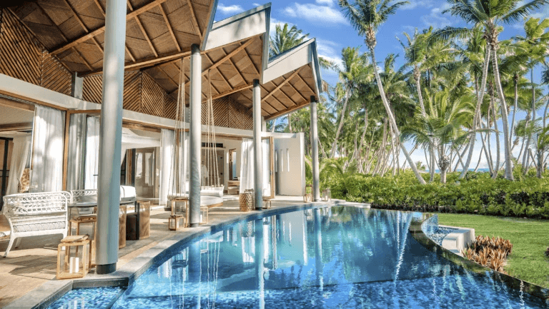 Villa terrace and pool beneath palm trees
