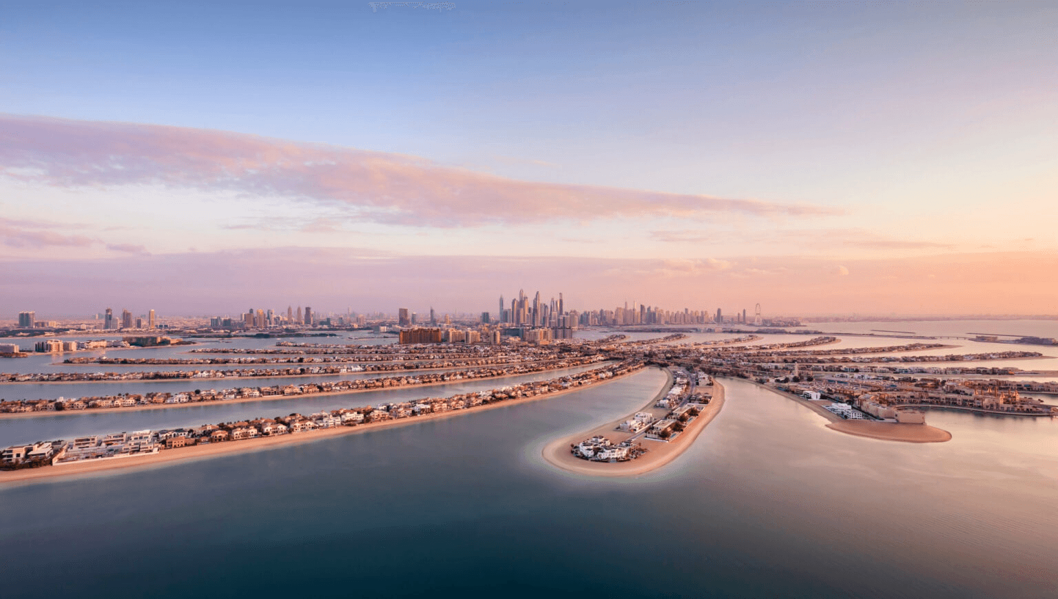 Aerial view of a palm-shaped island off the Dubai coastline