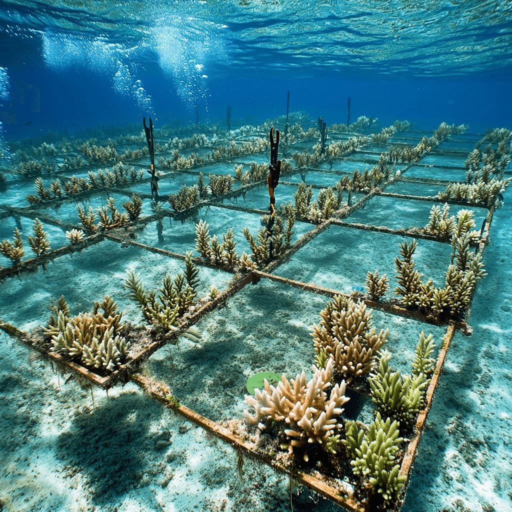 Diver tending young coral on an underwater restoration frame