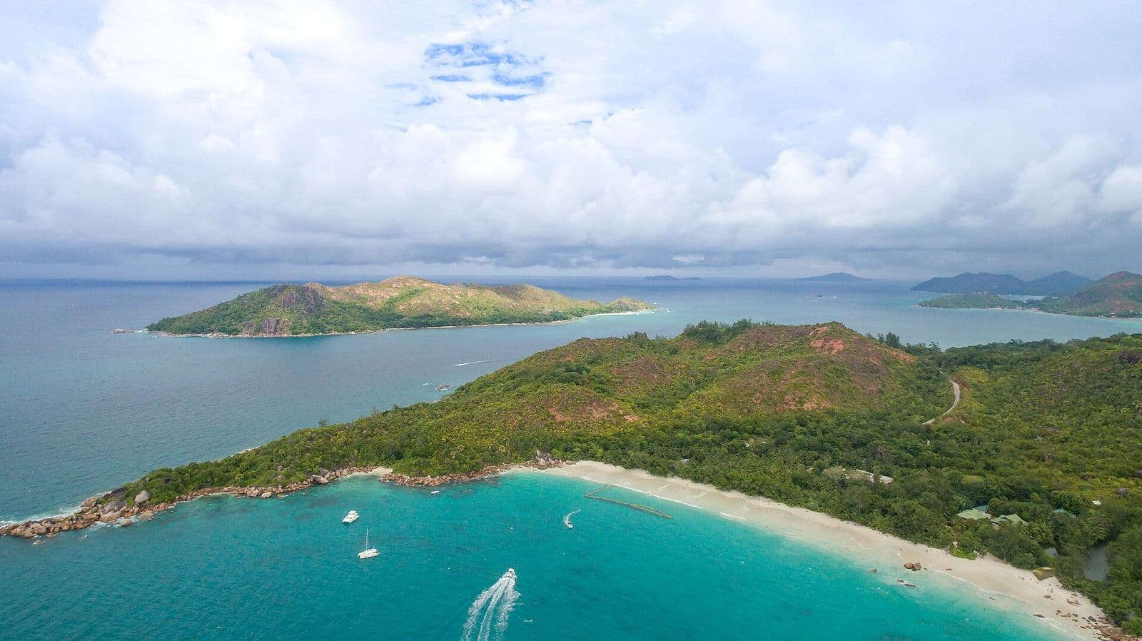 Aerial view of a forested Seychelles island
