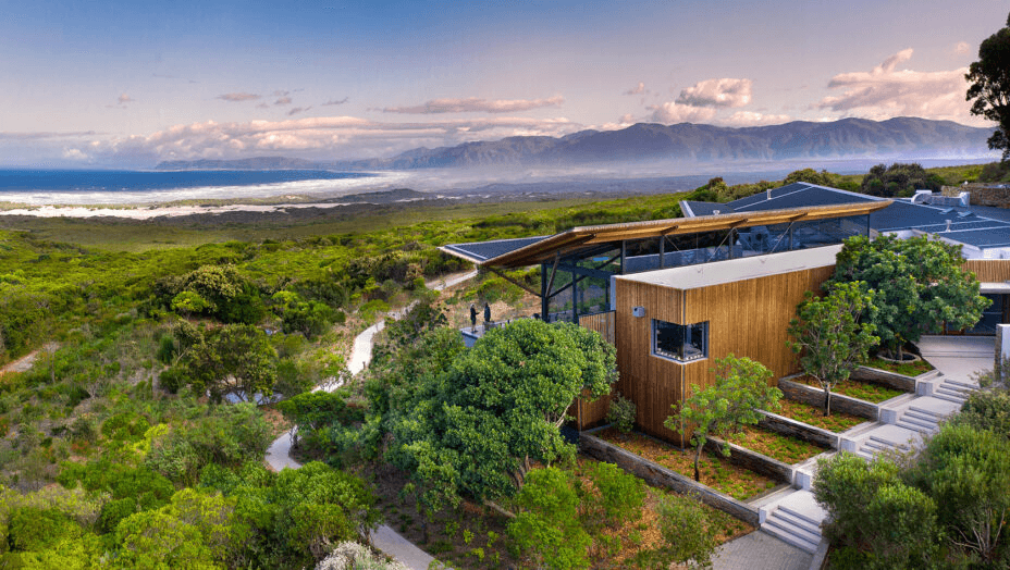 Modern lodge set in coastal fynbos above the sea
