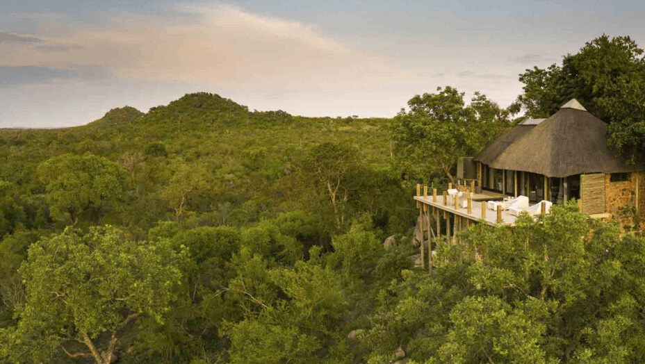Thatched suite on a hillside above the bush