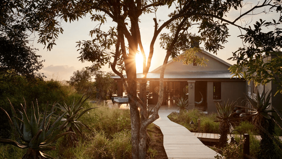 Boardwalk through the bush to a lodge at sunset