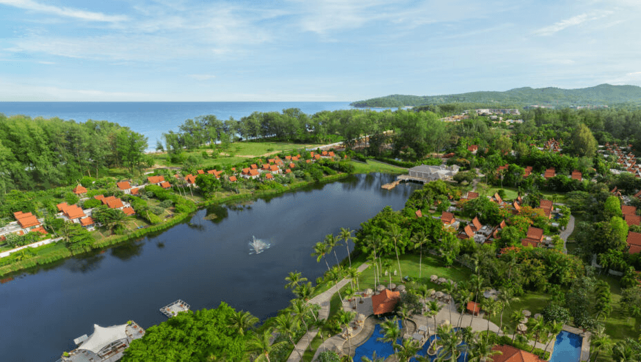 Lagoon and villa gardens near the coast, seen from the air