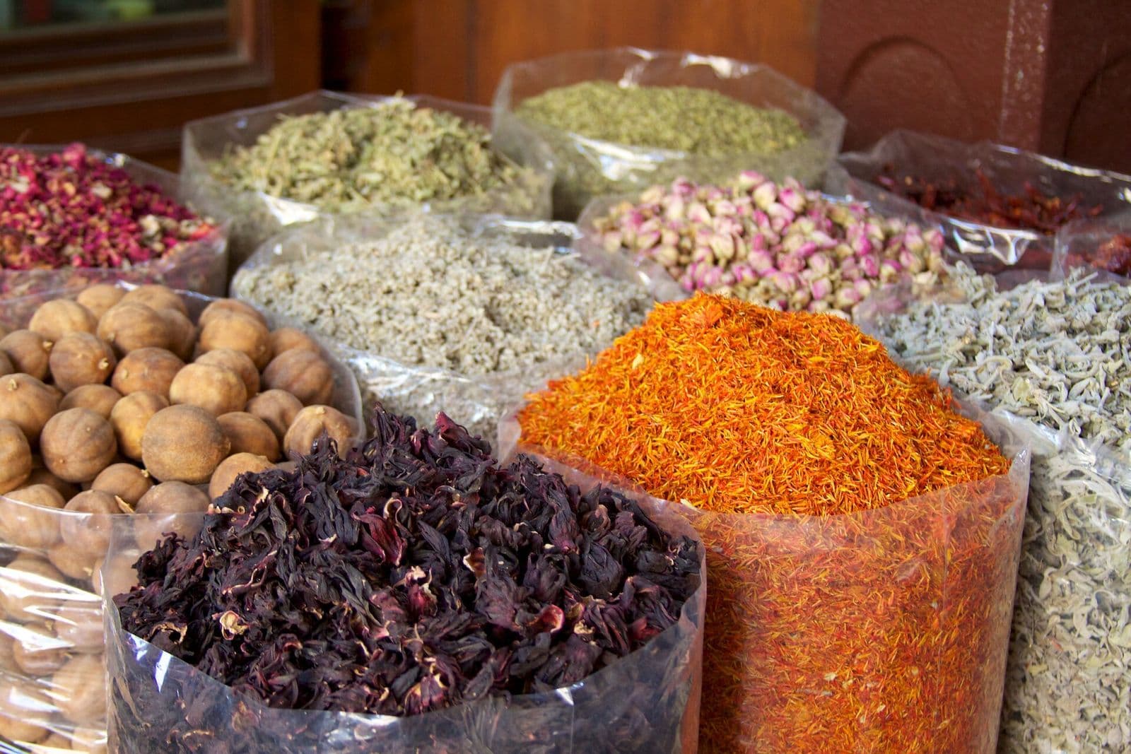 Sacks of colourful spices in a Dubai souk
