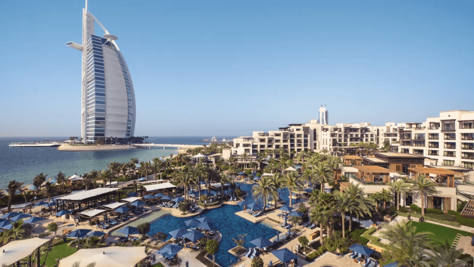 Resort pools and gardens with the Burj Al Arab beyond