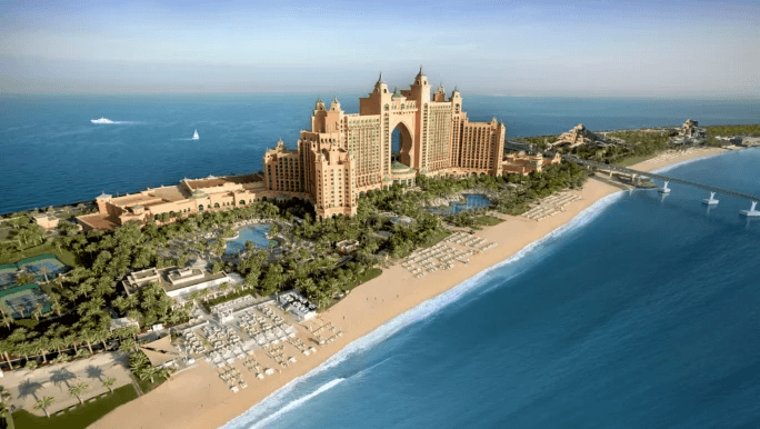 Atlantis The Palm and its beach at the tip of Palm Jumeirah, seen from the air